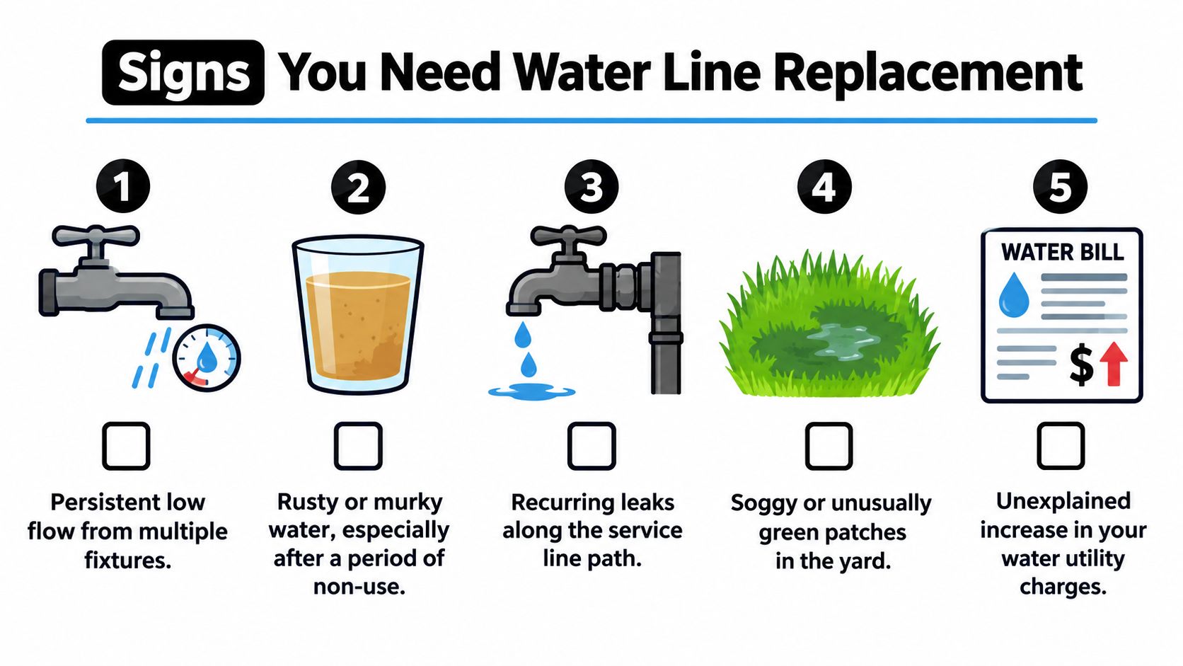 An infographic showing five common warning signs that indicate a homeowner needs water line replacement services.