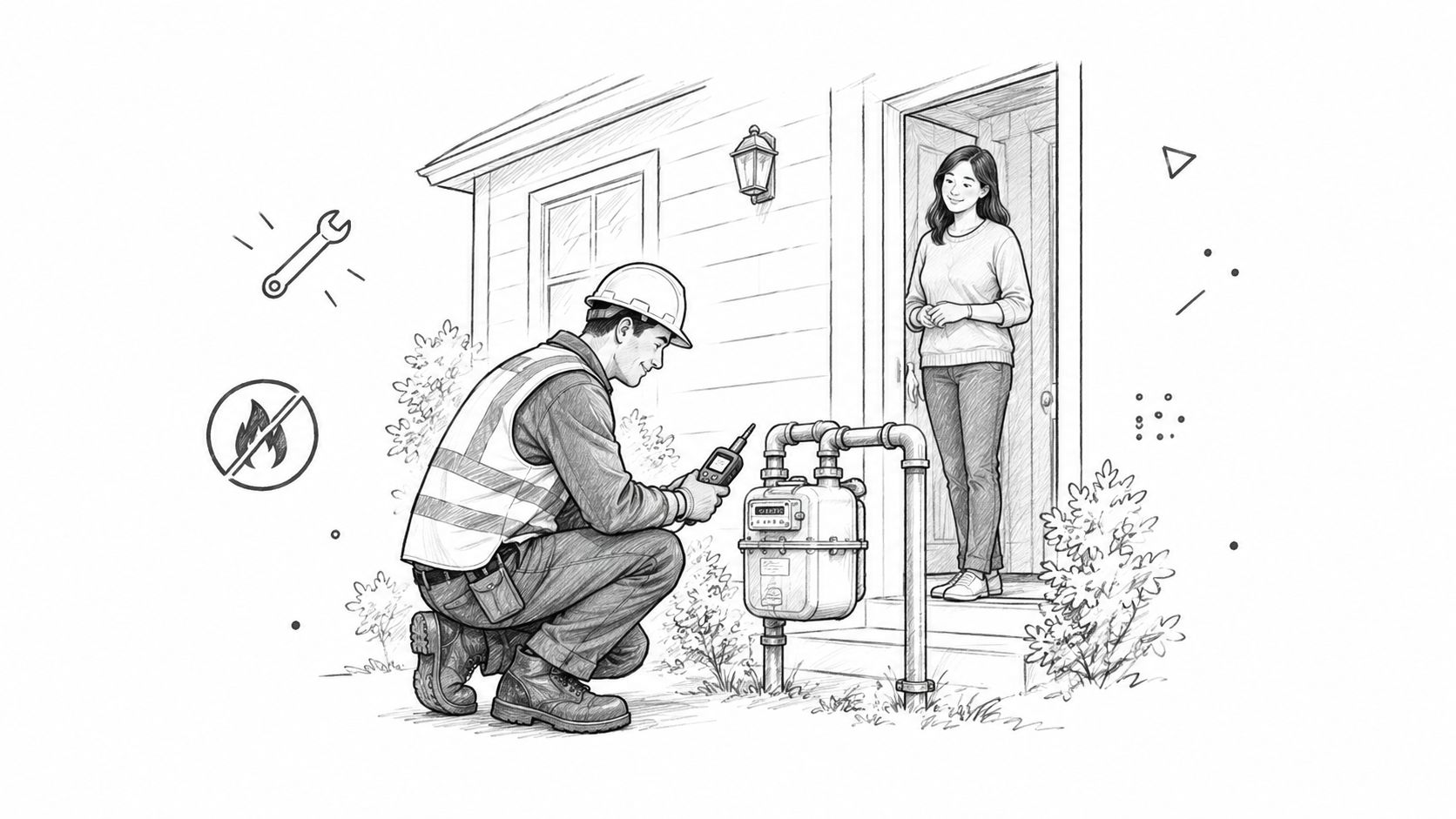 A professional utility worker in high-visibility gear inspecting a residential gas meter while a homeowner watches.
