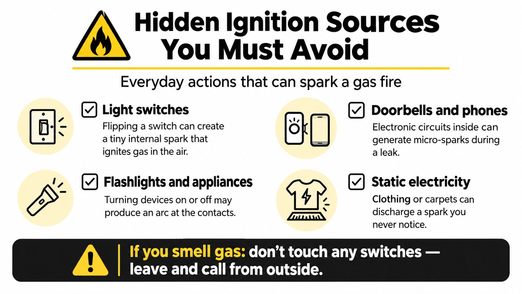 A safety infographic illustrating everyday objects that can cause gas ignitions and what to do if you smell gas.