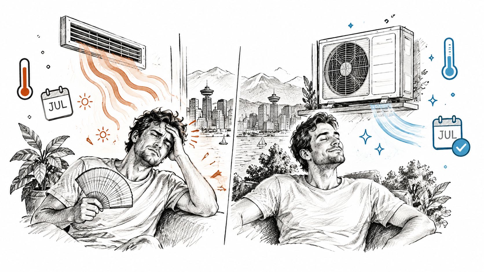 A split illustration showing a man hot and uncomfortable versus a man relaxed with air conditioning.
