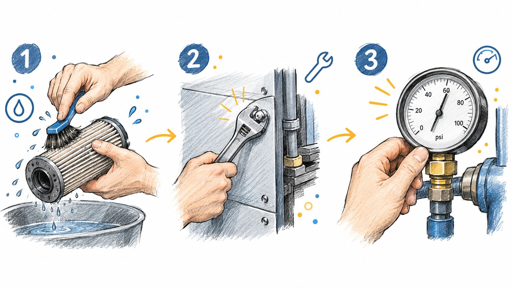An illustration showing three steps for professional air conditioner maintenance and filter cleaning service.