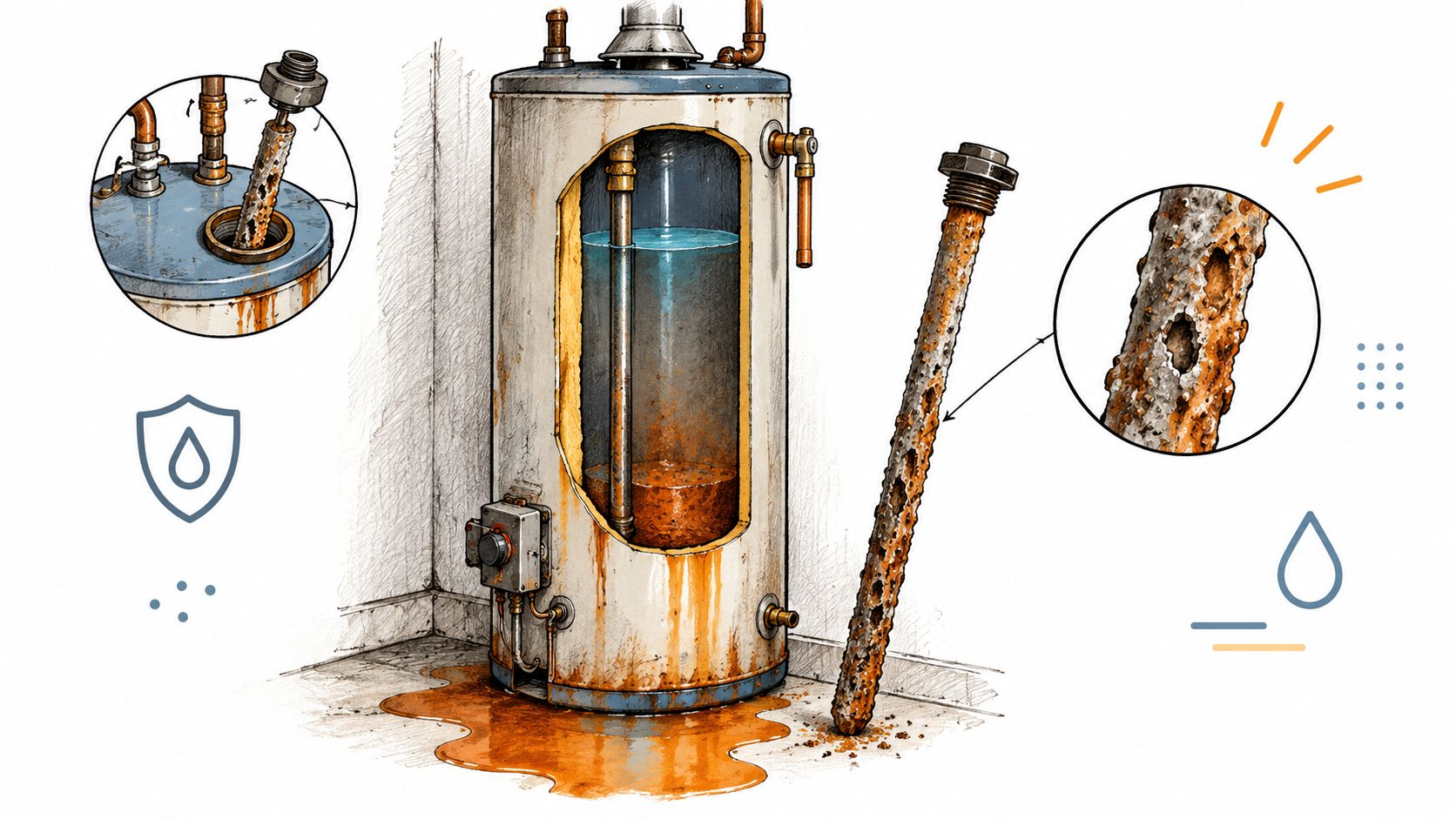 A cutaway illustration of a corroded hot water heater tank with a heavily rusted anode rod removed.