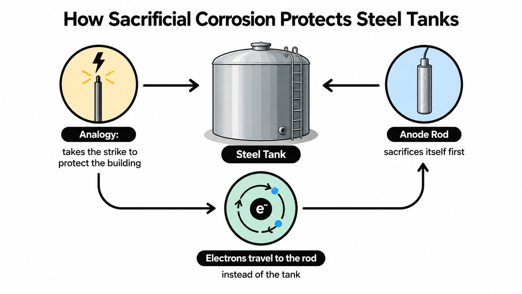 A diagram illustrating how a sacrificial anode rod protects a steel tank from corrosion.
