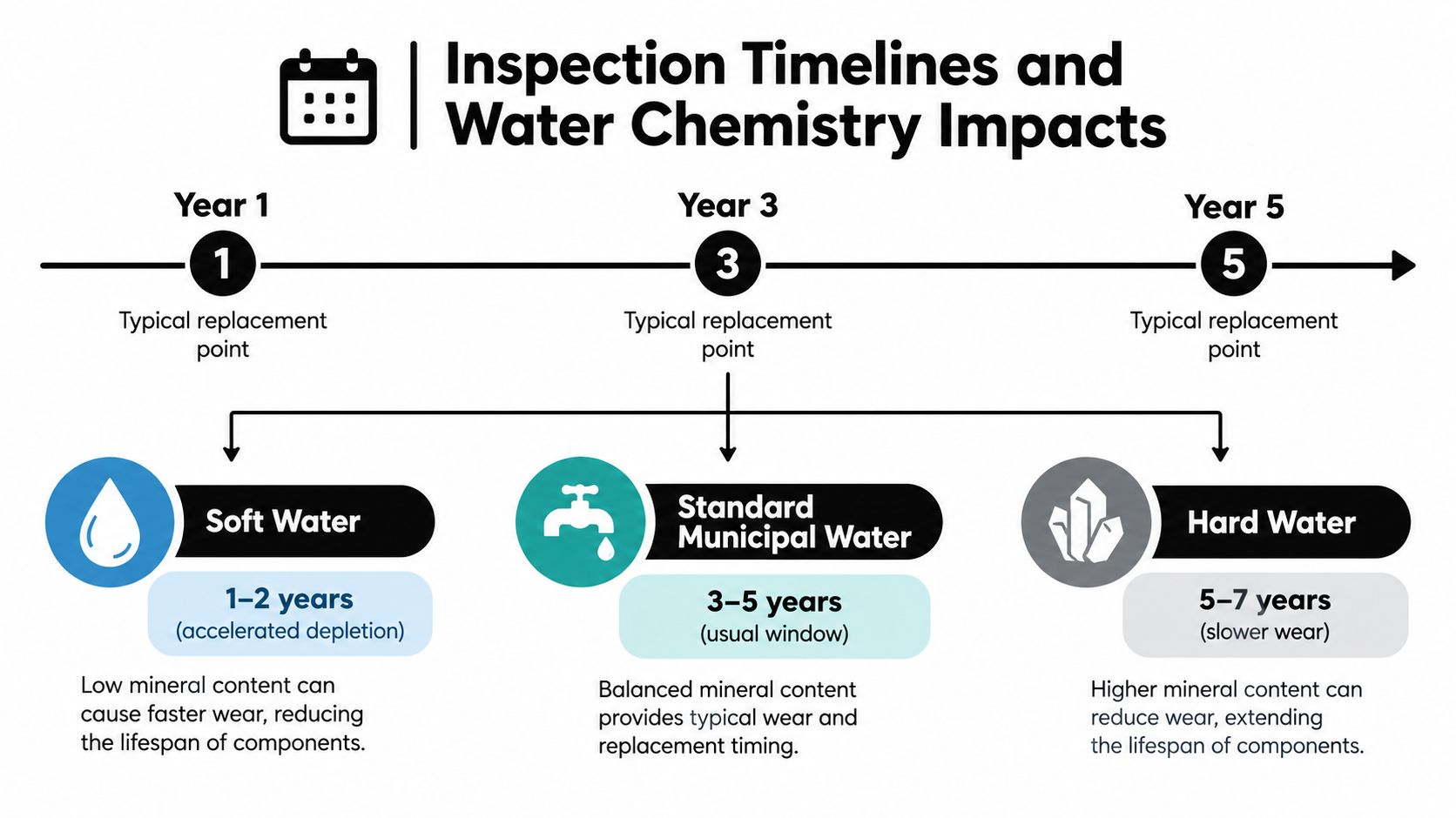 A chart showing how water hardness affects the replacement timeline for hot water heater anode rods.
