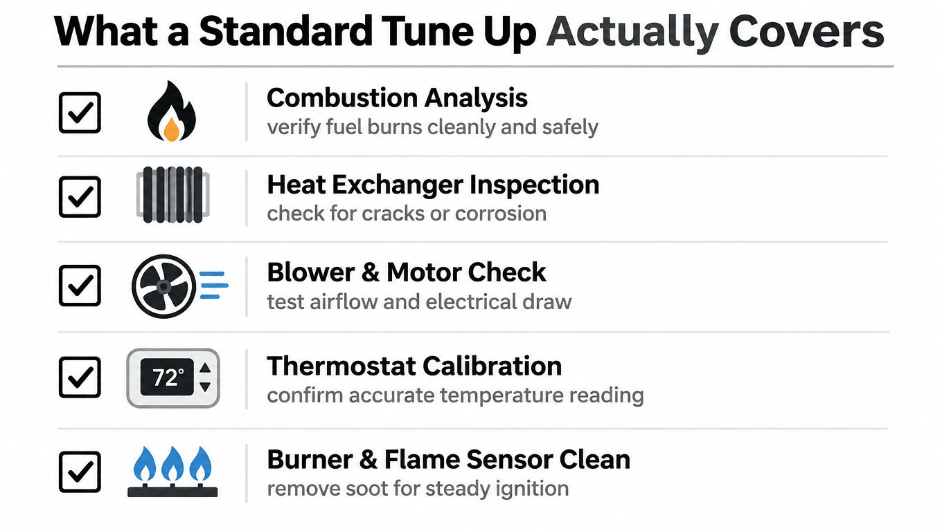 A checklist infographic detailing the five essential maintenance steps included in a standard furnace tune up service.