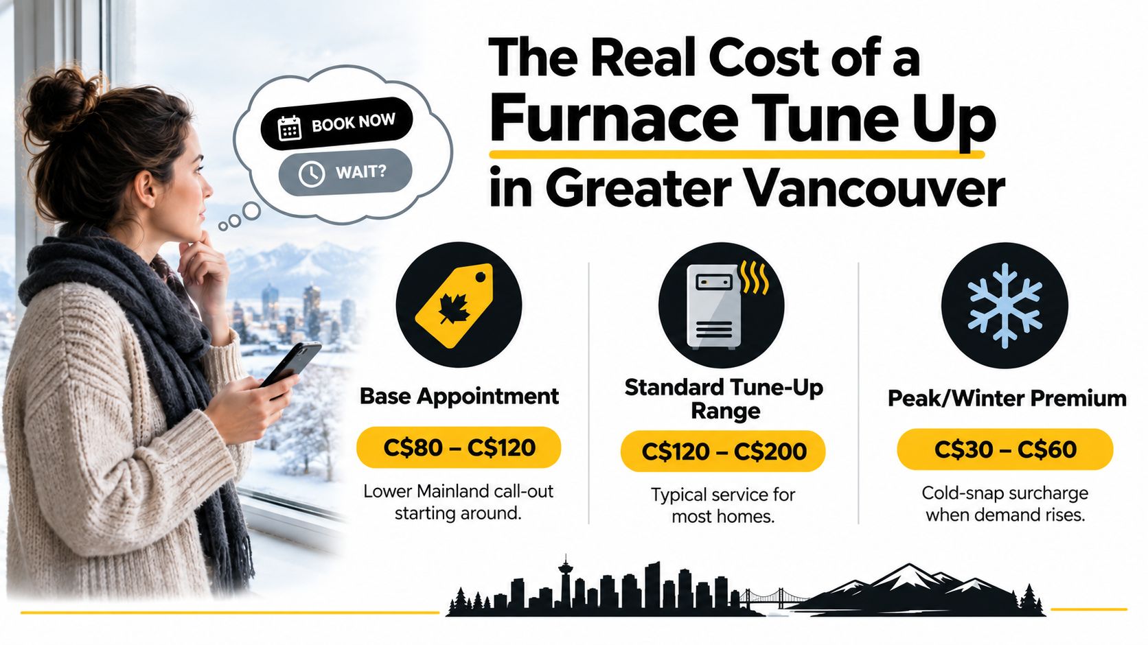 An infographic detailing the various costs of a furnace tune up in the Greater Vancouver area.