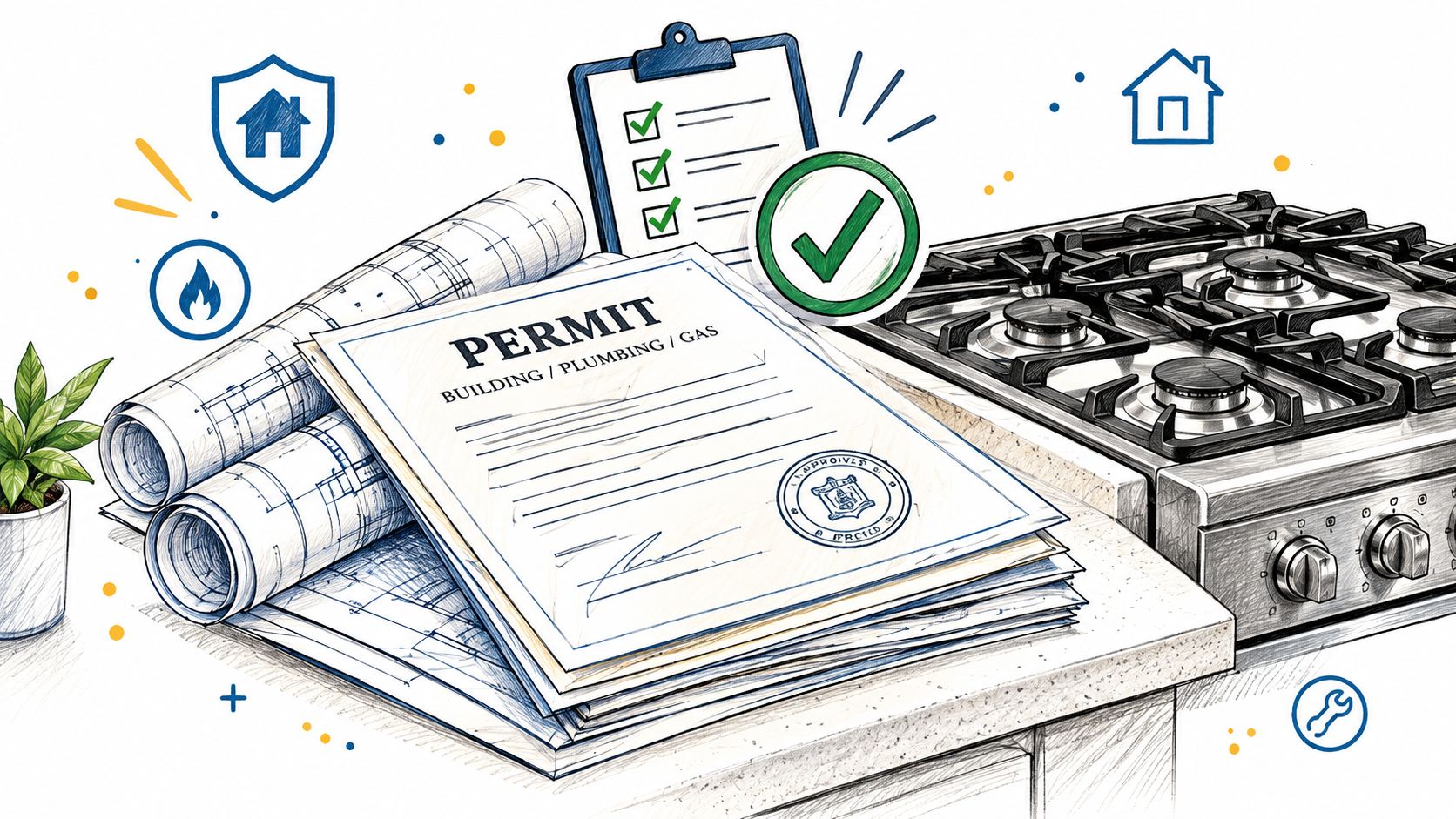 A professional building permit for plumbing and gas work resting on blueprints next to a kitchen stove.