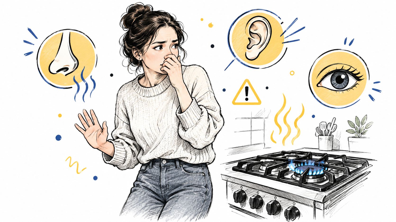 A woman detecting a gas leak in her home while looking concerned near a kitchen stove.