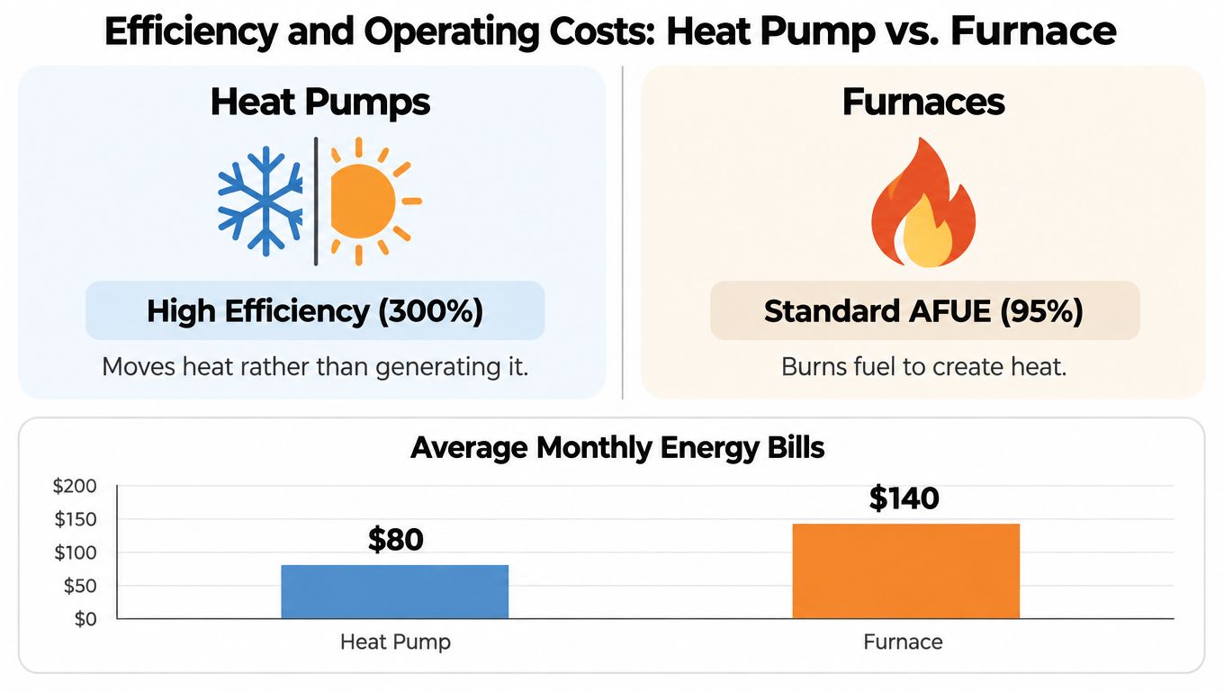 A comparison chart showing the efficiency and average monthly energy costs of heat pumps versus furnaces.