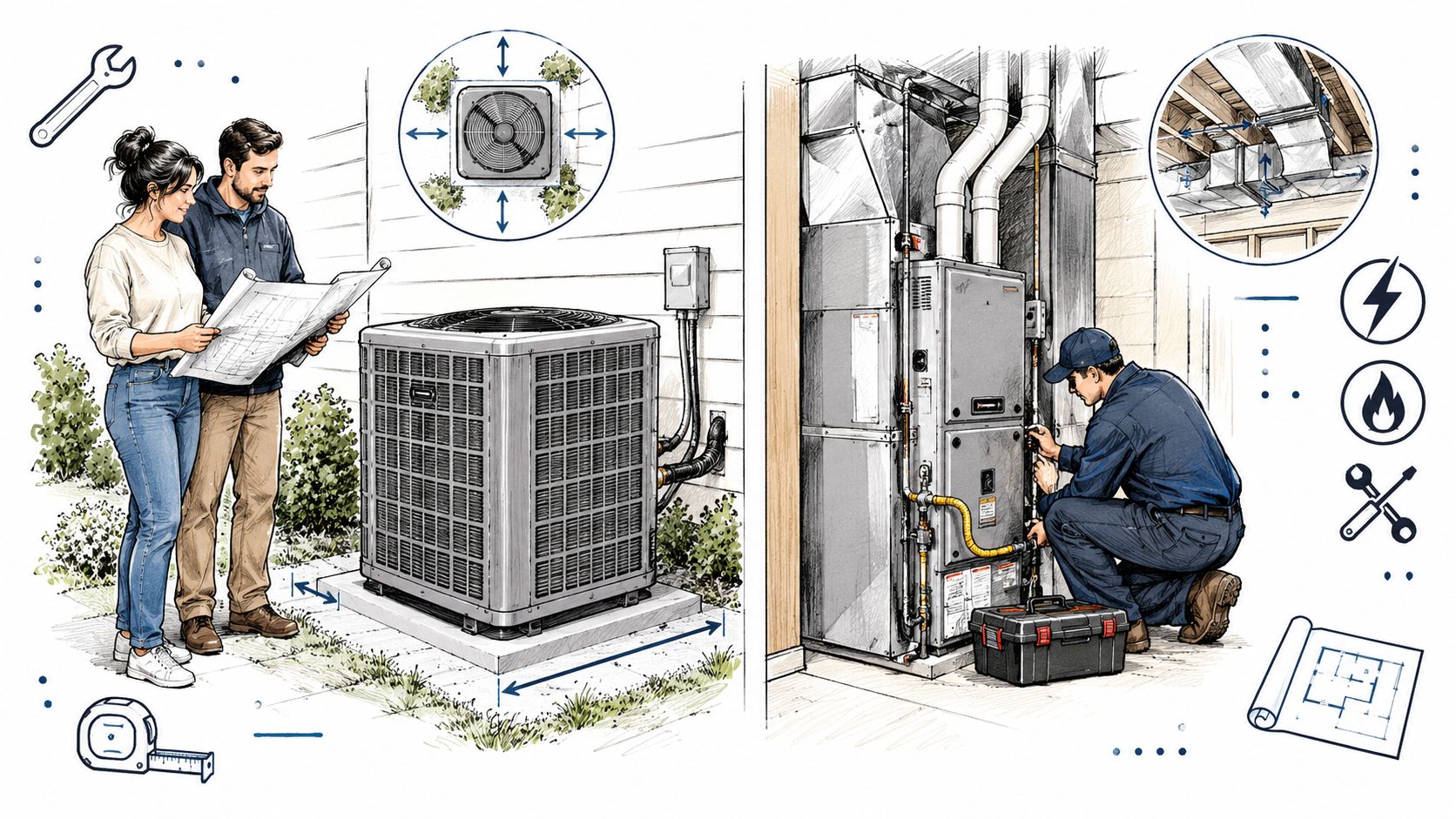 A professional technician installing an HVAC system while a couple reviews technical floor plans outside.