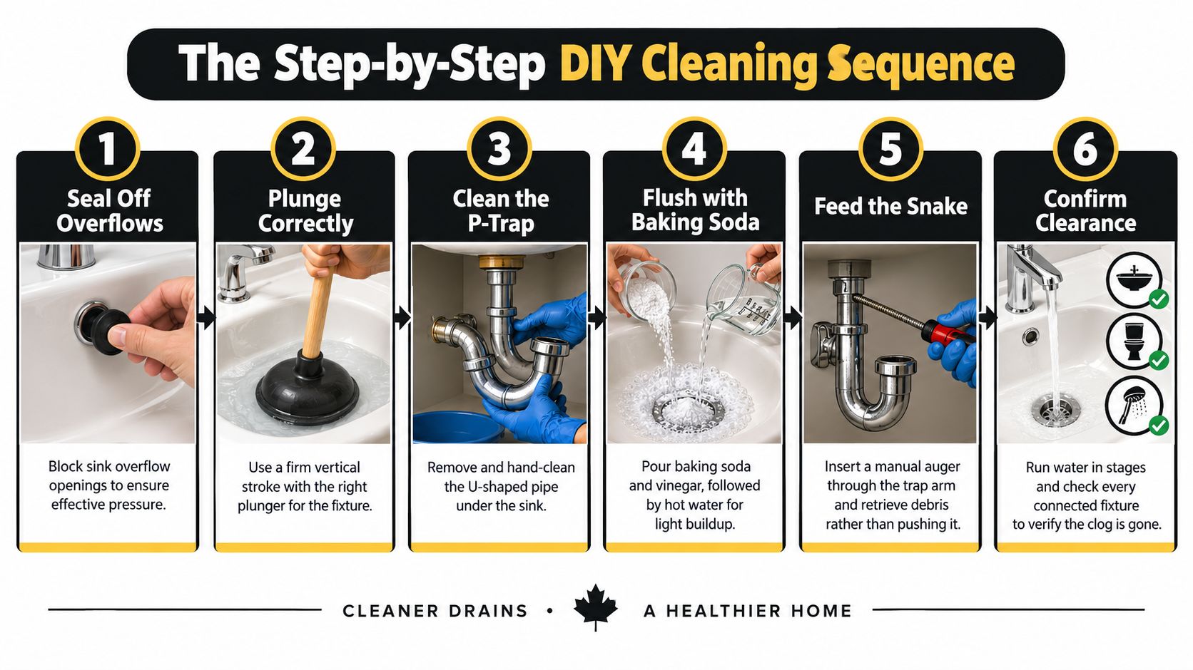 A six-step infographic illustrating the professional sequence for DIY drain cleaning and clearing pipe blockages.