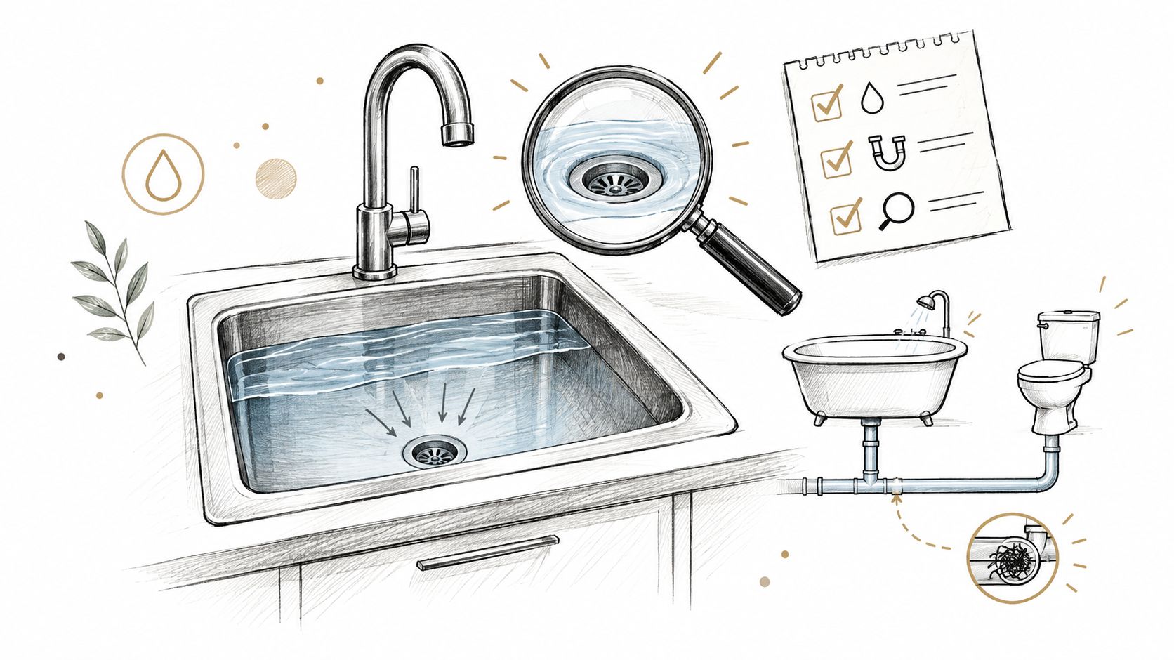 A hand-drawn illustration showing a clogged kitchen sink drain being examined with a magnifying glass.