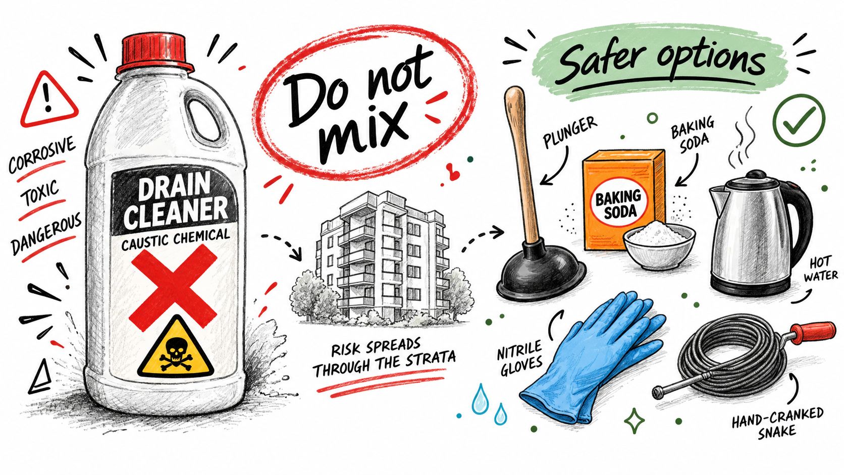 An educational infographic warning against using harsh caustic drain chemicals, suggesting safer mechanical alternatives instead.