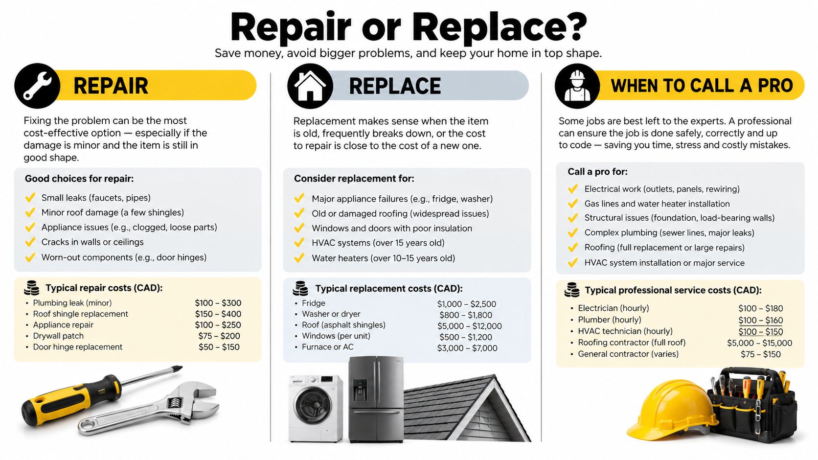 An infographic titled Repair or Replace detailing cost-effective maintenance tips and advice for calling home service professionals.
