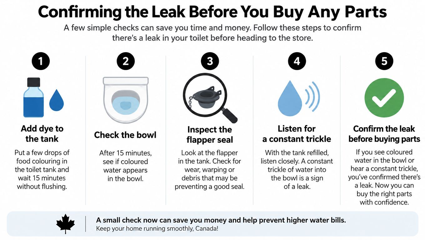 A five-step guide illustration showing how to identify a leaking toilet using dye and listening techniques.