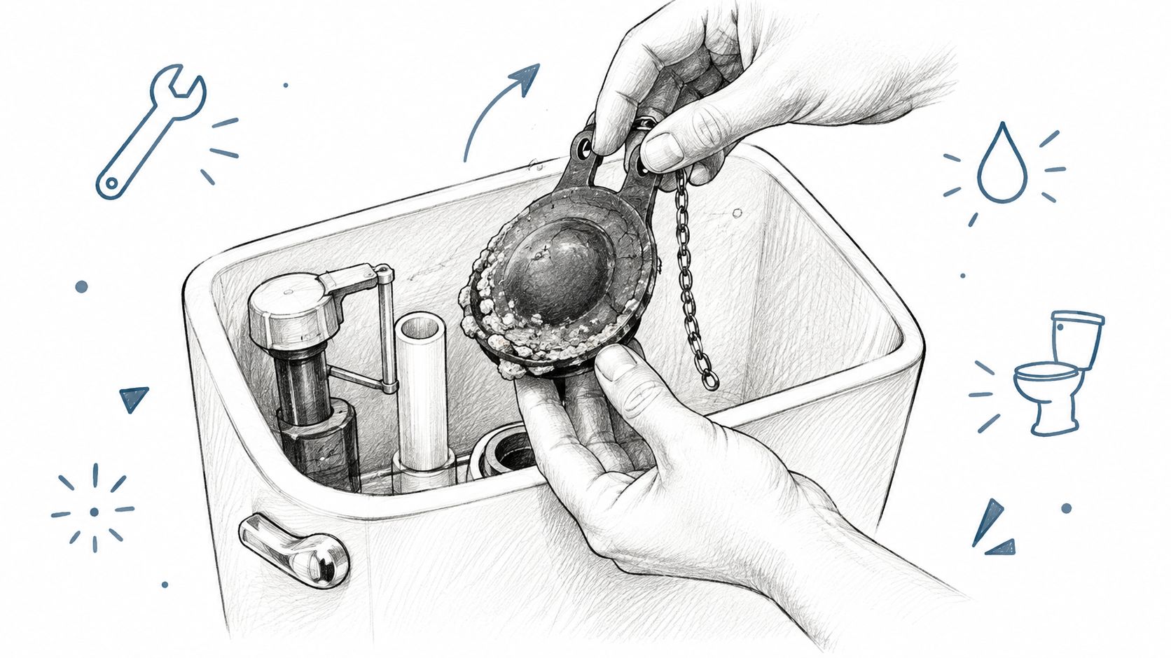 A close-up illustration of hands repairing a toilet flush mechanism by removing the old rubber flapper valve.