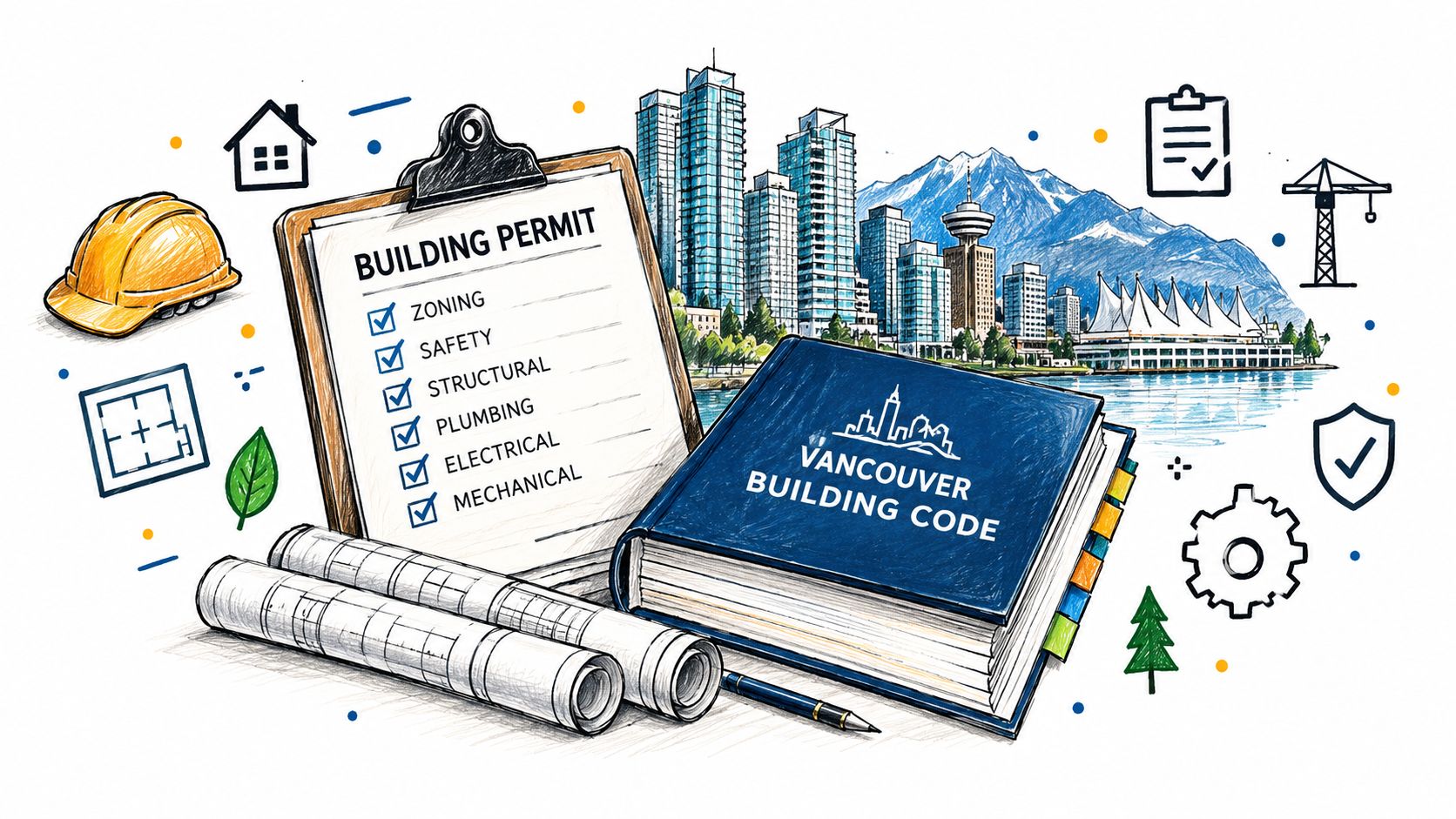 A professional illustration of a Vancouver building permit, code book, construction blueprints, and safety helmet.