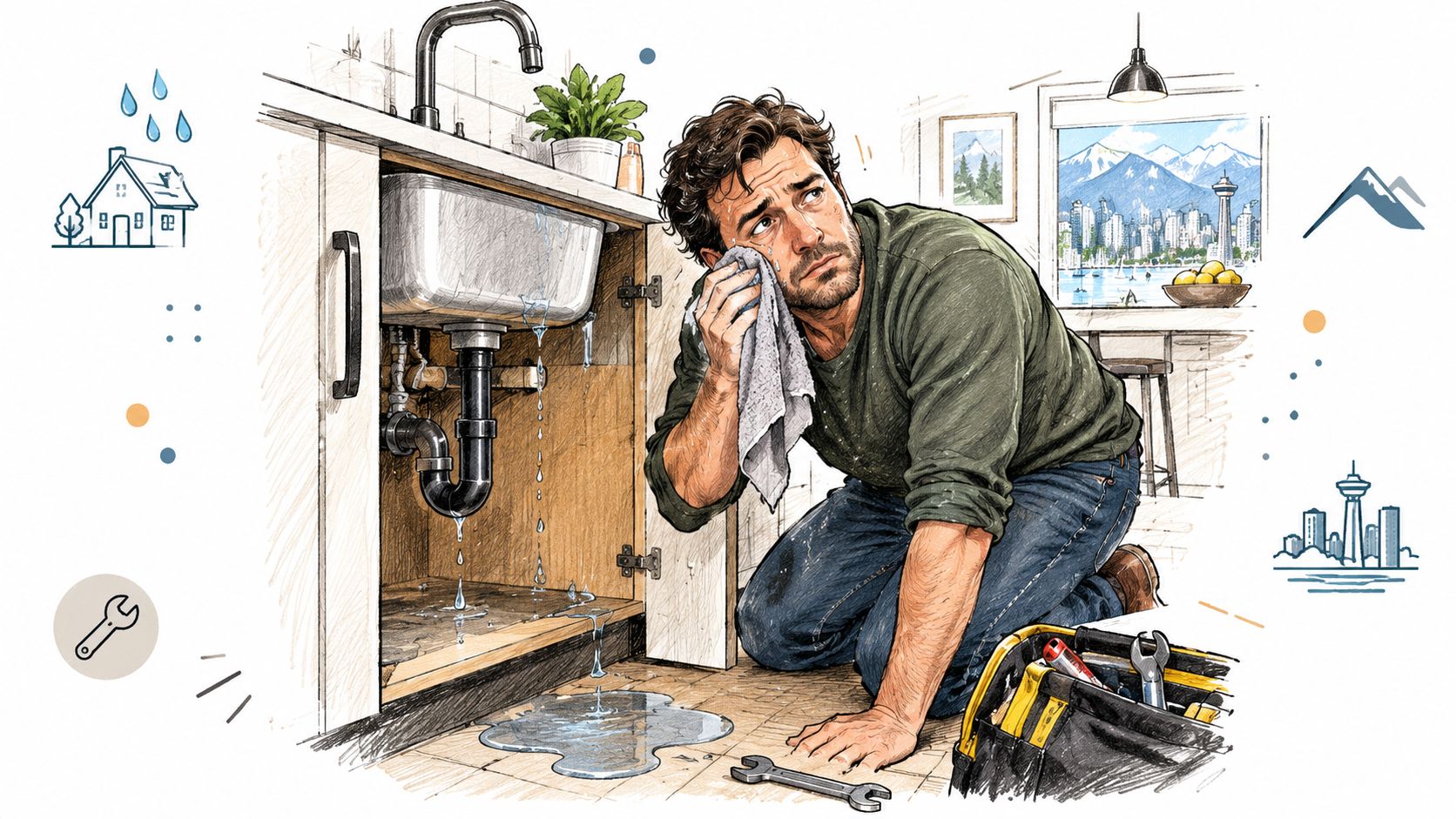 A distressed man wiping sweat while kneeling on the floor to repair a leaking kitchen sink.