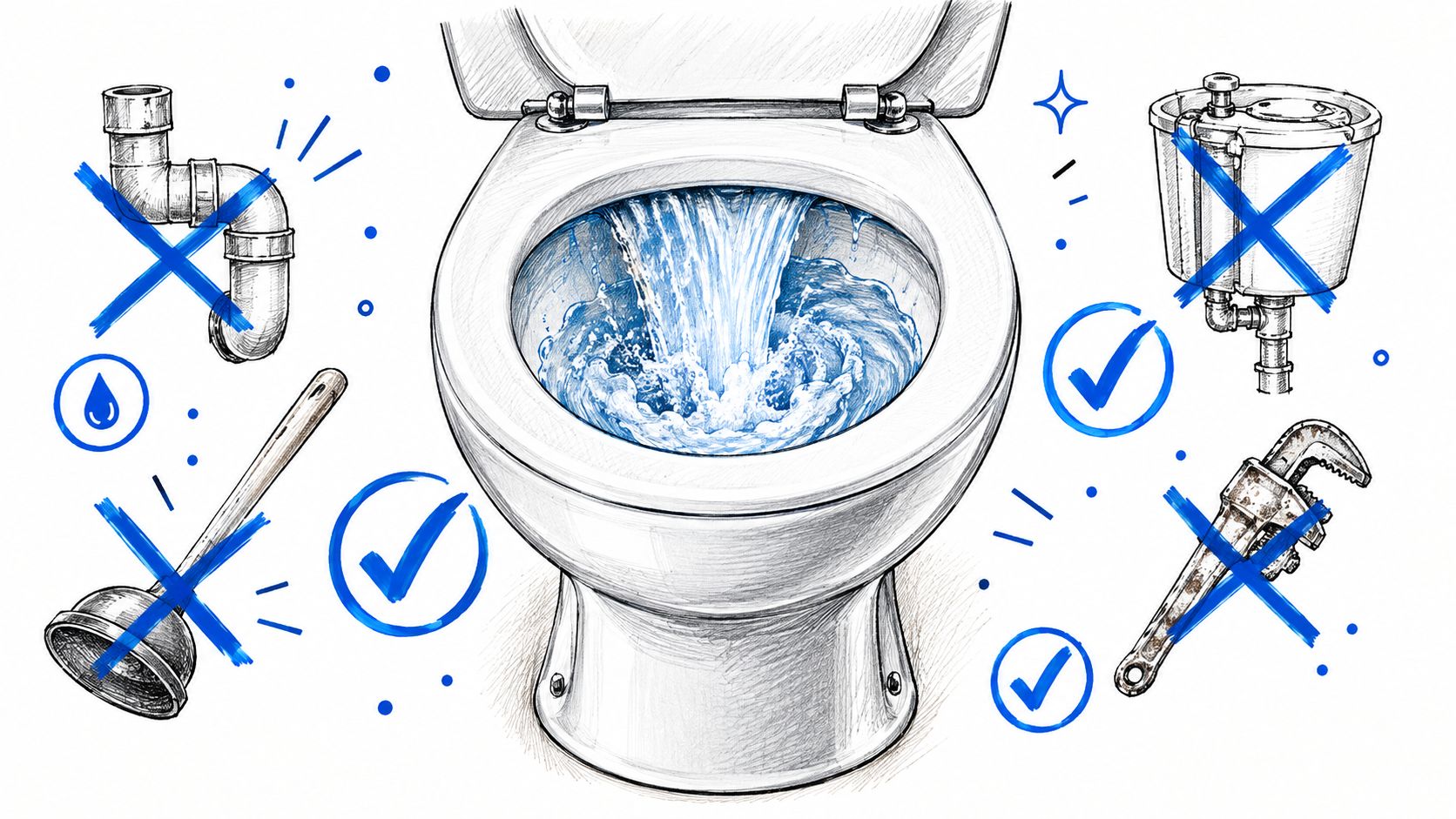 A hand-drawn illustration showing a toilet with water flushing, alongside tools with checkmarks and crossed-out plumbing components.