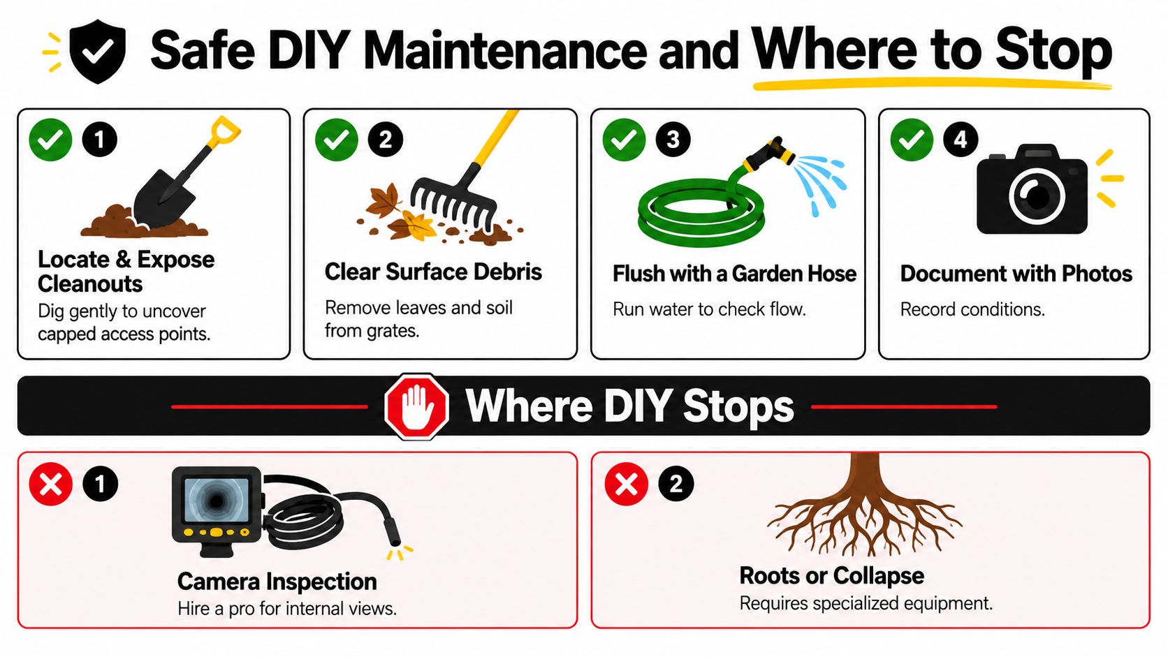 A graphic illustration detailing safe DIY perimeter drain maintenance steps versus tasks requiring professional expertise.