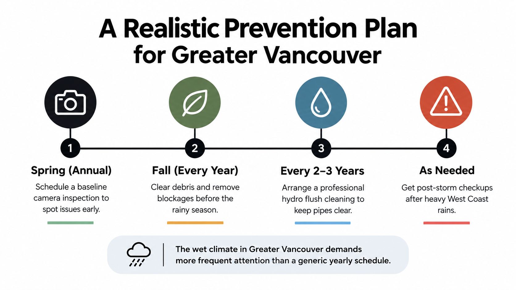 A four-step infographic illustrating a preventive maintenance schedule for drainage systems in Greater Vancouver, including inspection and cleaning.