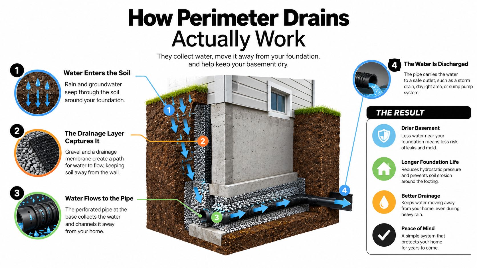 A diagram illustrating how perimeter drain systems collect groundwater and divert it away from a building foundation.
