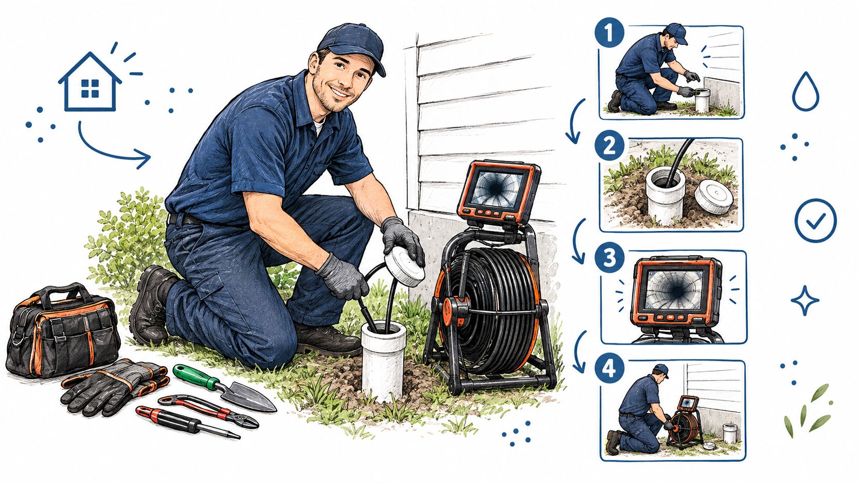 A professional technician using a pipe inspection camera to perform perimeter drain cleaning and maintenance outdoors.
