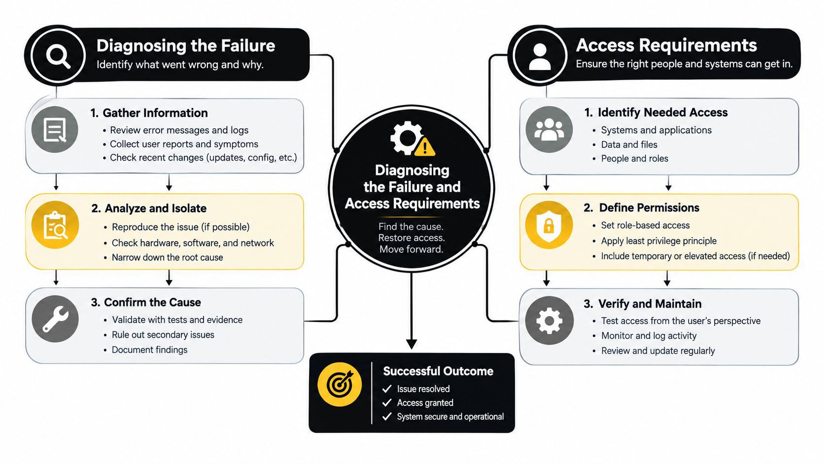 A diagram outlining the systematic process for diagnosing technical failures and managing user access requirements effectively.