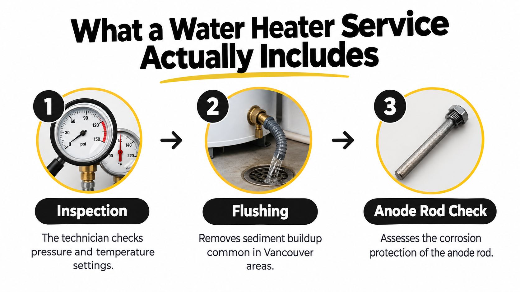 A graphic showing three steps of a professional water heater service, including inspection, flushing, and anode rod check.
