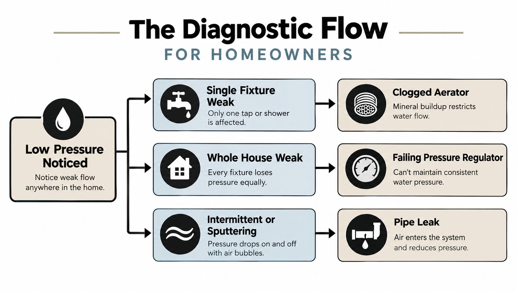 A diagnostic flow chart for homeowners identifying common causes of low water pressure in plumbing systems.