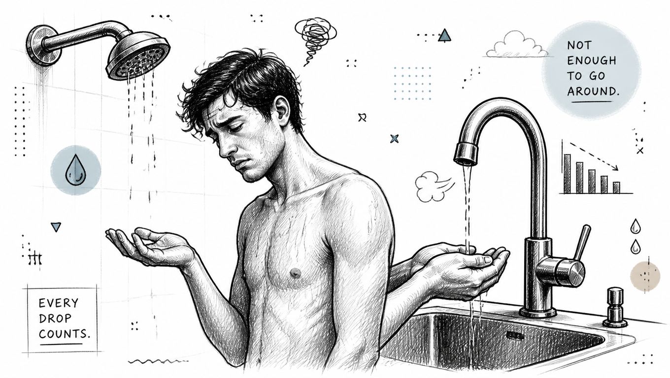 A line-art illustration showing a man frustrated by low water pressure in both shower and kitchen sink.